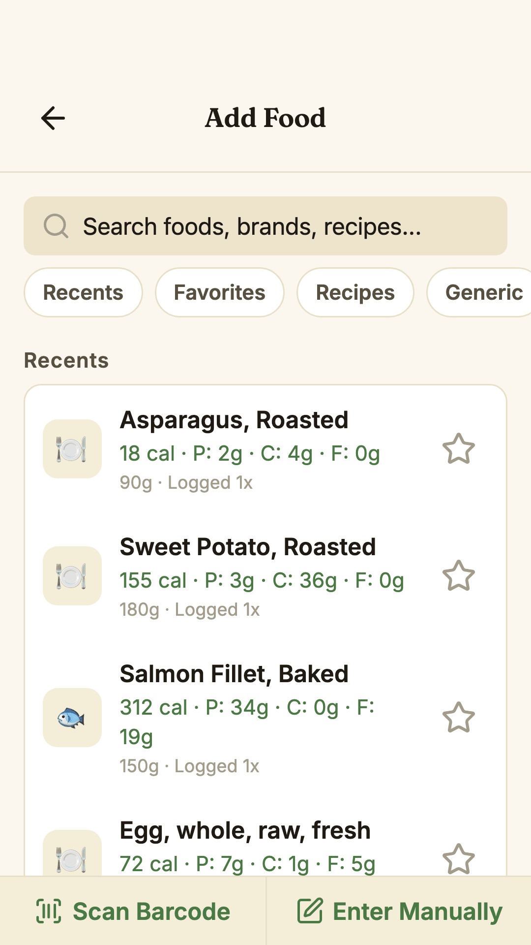 Wholesum add food screen with search, recent foods, and a barcode scanner button