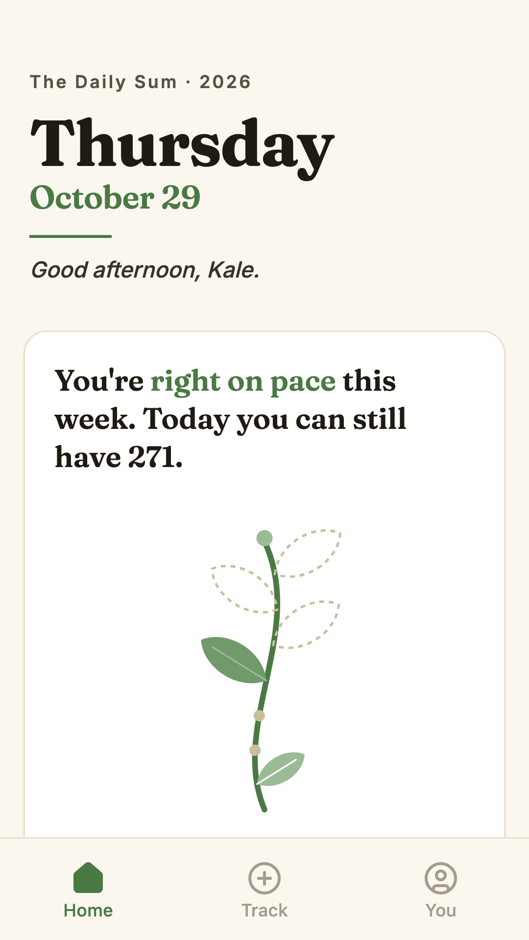 Wholesum home screen: Thursday, October 29. You're right on pace this week.