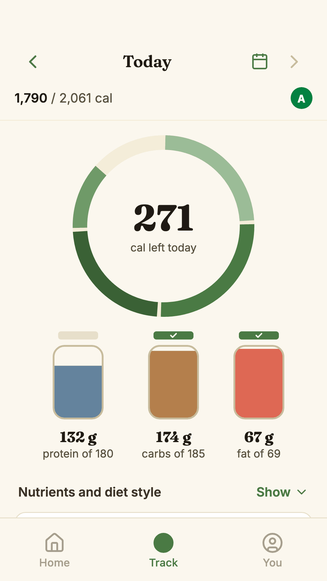Wholesum track screen: 271 calories left today, with protein, carb and fat jars